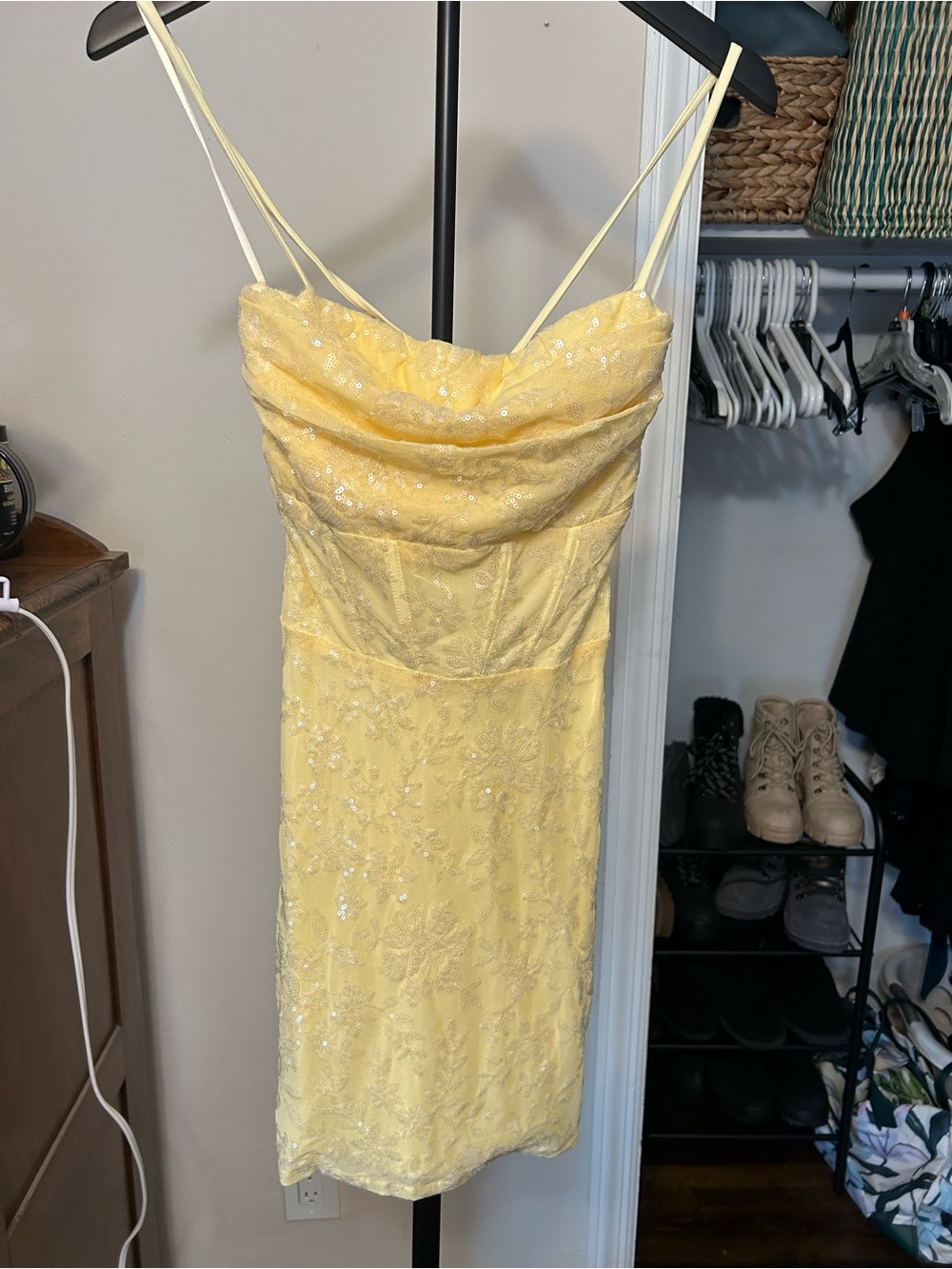 Windsor Yellow Sequin Lace Cowl Mini Dress